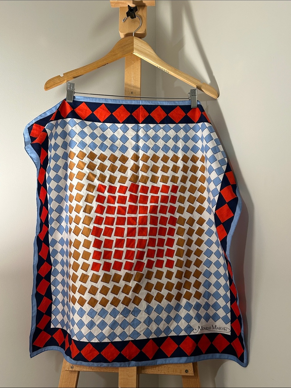 VINTAGE Monique Martin Geometric Print Scarf in Red, Blue, Cream & Brown